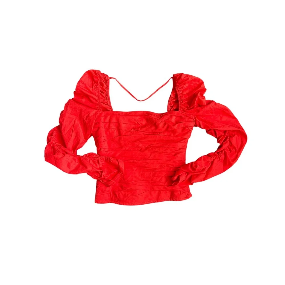 Reformation Joi Red Ruched Puff Sleeve‎ Top Square Neck Smocked Back Size 2
